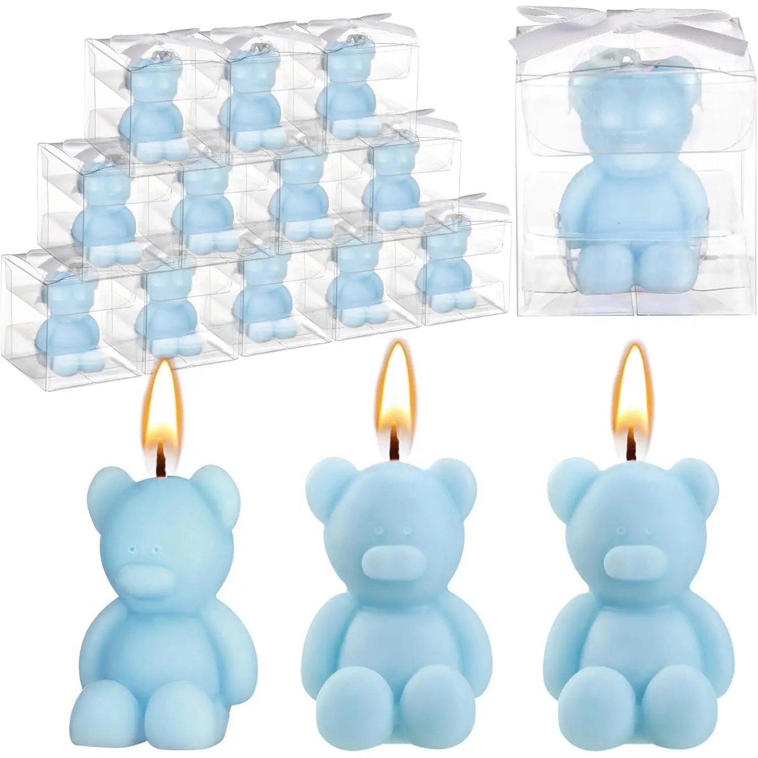 30-Pc Bear Shaped Wax Candle Bulk Set with Mini Boxes, Festive Party Gifts for Baby Shower, Wedding Guest Favors (Light Blue)