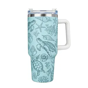 40oz Sea Turtle Graphic Print Tumbler - Colorful Ocean Life Design - Insulated Travel Mug with Handle & Straw Unique Birthday Gift for Women & Girls