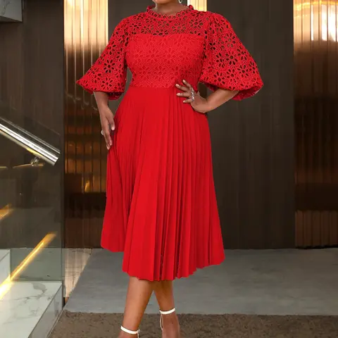Plus Size Plain Open-Front Crochet Lace Cape Dress, Chic Elegant Pleated Balloon Bishop Sleeve Gown for Formal Evenings and Parties, Formal Wear, Fit, Evening Dresses