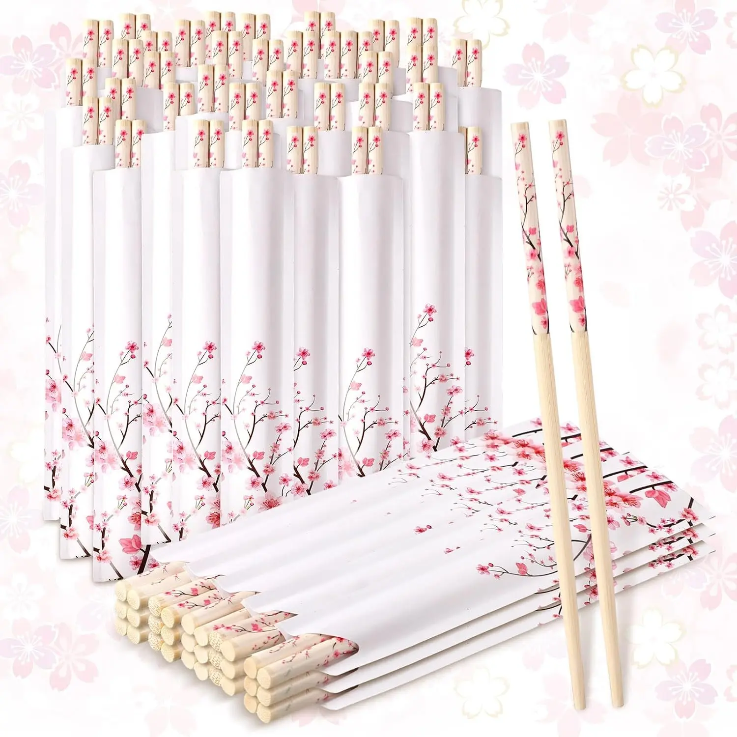 50 Pairs Cherry Blossom Disposable Bamboo Eucalyptus Chopsticks Bulk with Sleeved Blue Flower Wedding Favors for Chinese Japanese Food Takeout Picnic