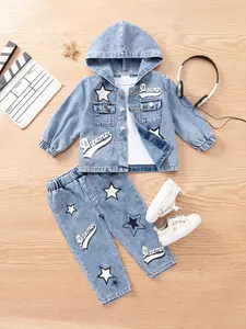 Infants (6 Months‑3 Years) Boys & Girls Spring‑Autumn Star‑Print Hooded Denim Set, Summer Denim Set, Jacket + Long Pants, Cool Casual Daily Outfit, Breathable and Wear‑Resistant, Multi‑Scene Outfit for Family Outings, Mall Shopping and Store‑Hopping