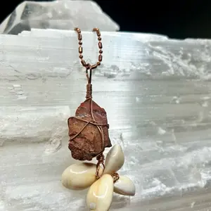 Red Jasper pendant handmade in copper with cowrie shells on pure copper ball chain