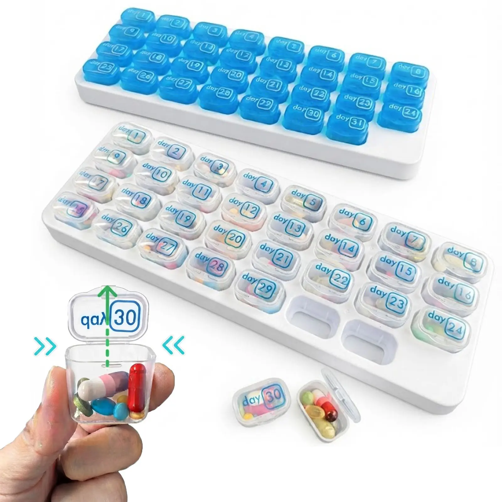 31 Day Monthly Pill Box - Never Miss a Dose, Portable Individual Daily Pods, Pill Organizer with Easy Push Open ,Arthritis Friendly,Alzhimer Friendly,