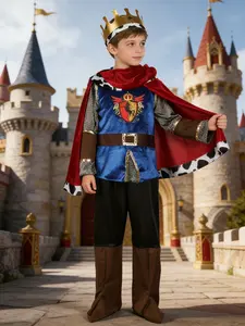 Boys King Costume Set with Printed Top, Solid Pants, Colorful Hooded Cloak, Crown and Wristbands, Perfect for Halloween and Performance Events