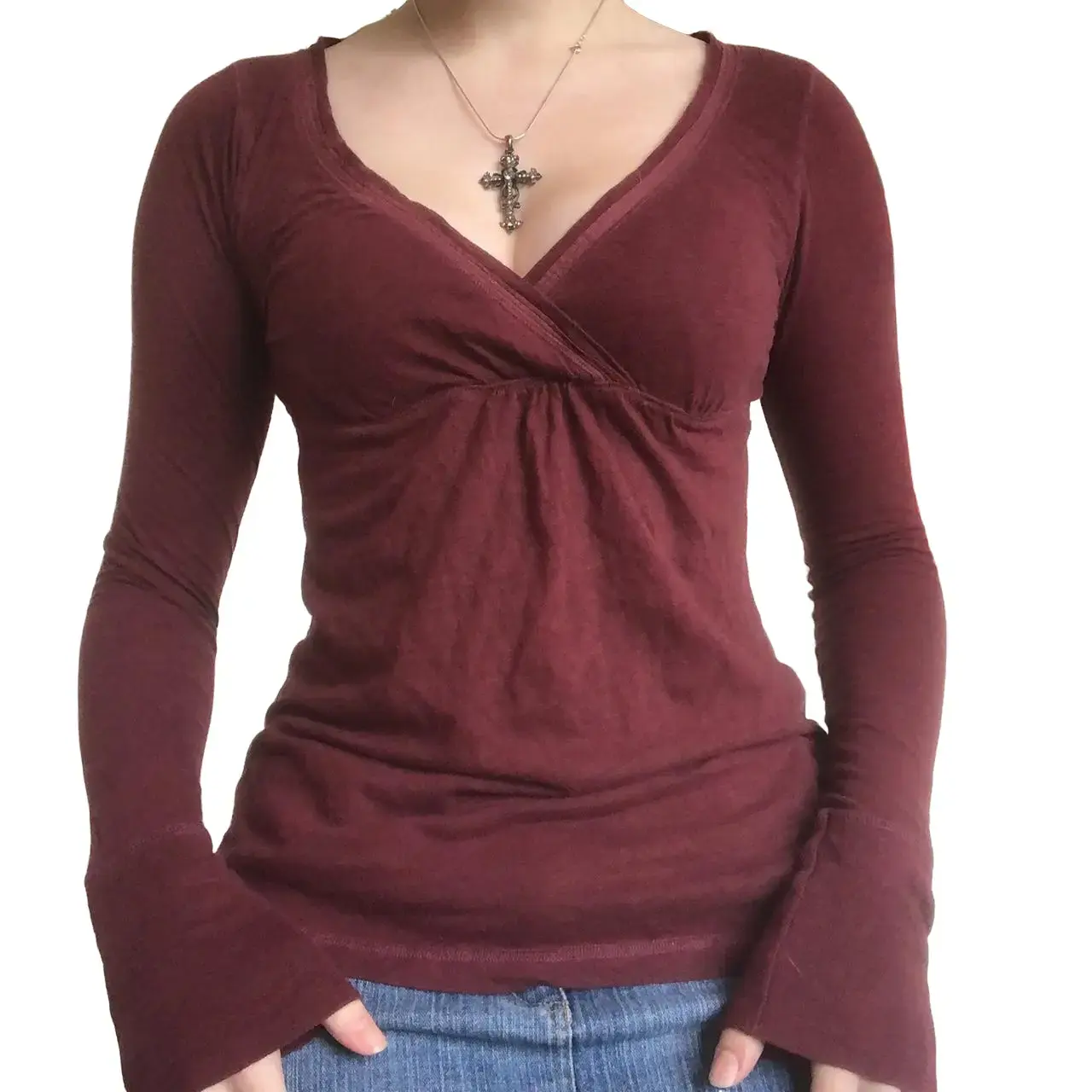 Women's Full Sleeve Blouse - 2026 Minimalist Design, Ruched Funnel Neck, Ruffle Accent, Comfortable Casual, White/Dark Red, for Parties & Everyday Wear, Basic Womenswear Top, Full Sleeve Tops