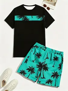 Boys Tropical Palm Tree Print Set, Beach Vacation Daily Wear, Casual Loose-Fitting T-Shirt, All over Print, Fashion