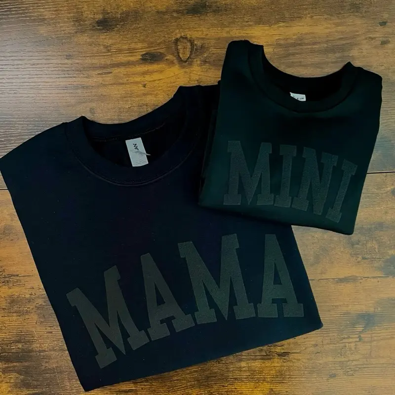 Mama & Mini Matching Sweatshirts - Adult DryBlend Crewneck T-Shirts in Black with Puff Vinyl Design, Cotton/Polyester Blend, Care Instructions Included - Womenswear, Fleece, Clothes, Suits Pullover Comfort