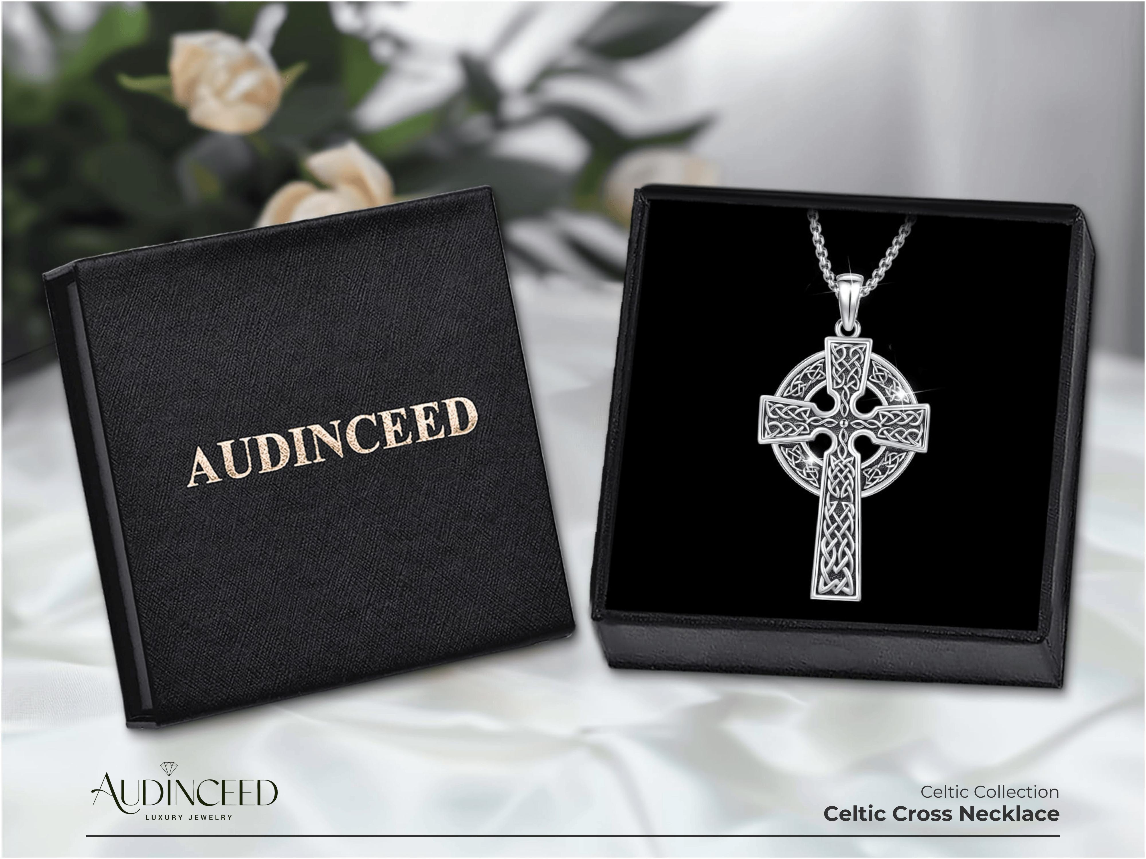 Audinceed Celtic Cross Necklace, S925 Sterling Silver Celtic Knot Cross Pendant Irish Knot Crucifix Amulet Blessed Silver Necklace Pendant Jewelry Gift  for Men Women