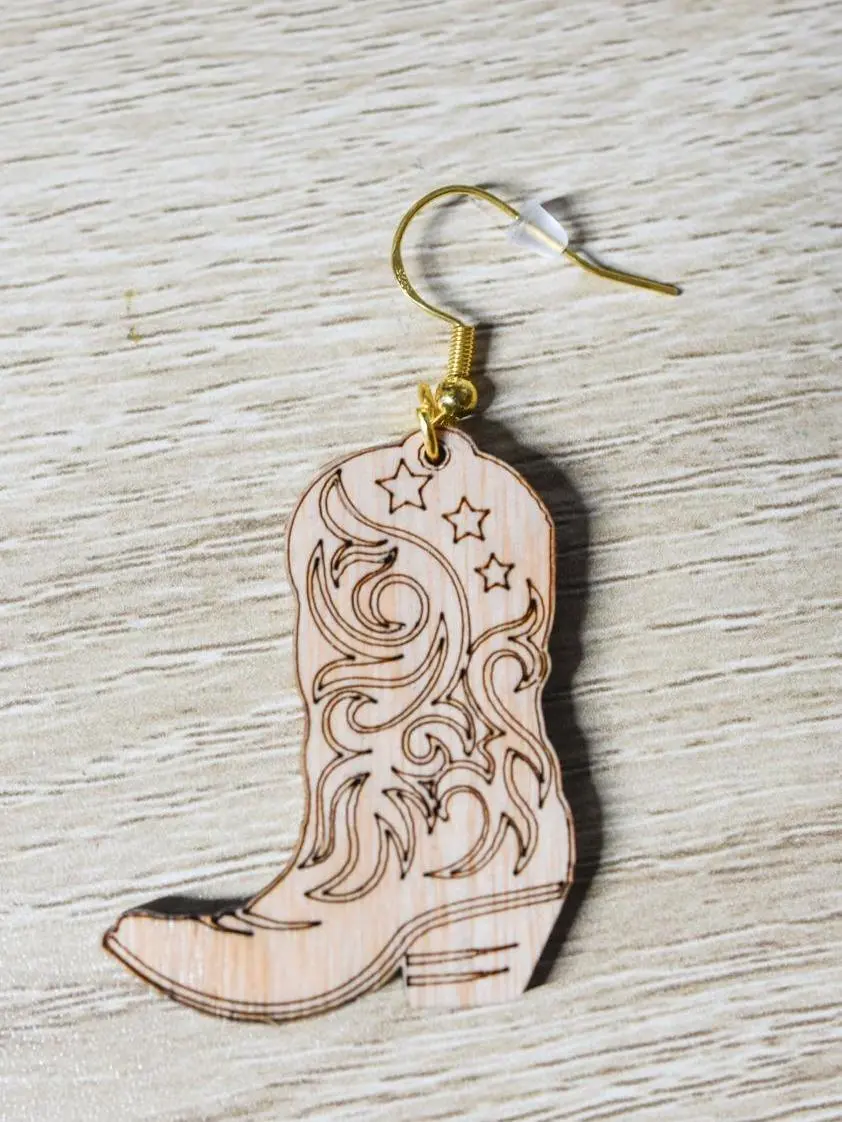 Wooden Cowboy Boots Dangle Earrings Handmade Western Charm 2.25 Inches Length Push Back Closure Rustic Fashion Jewelry