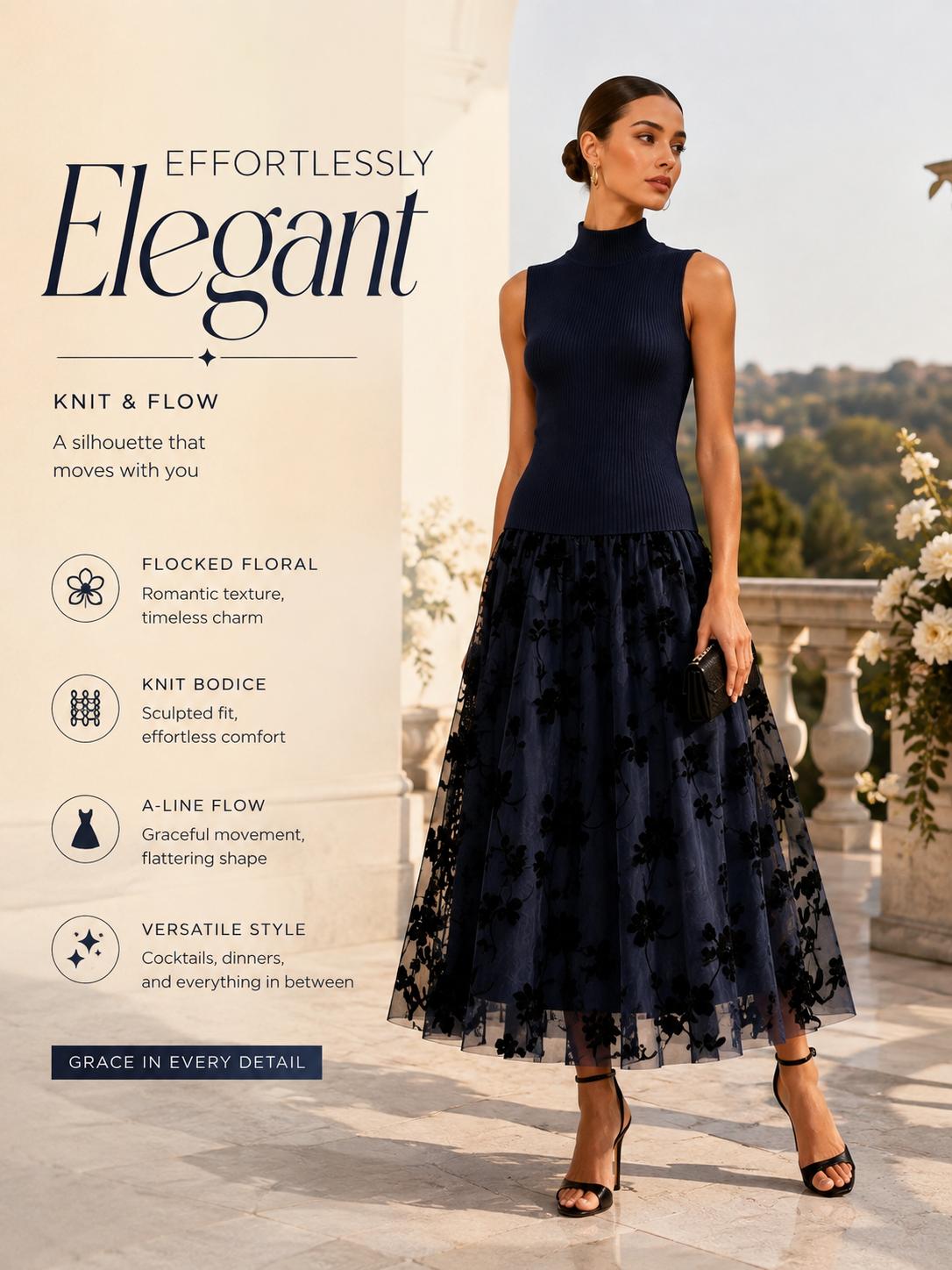 FEHAUTE Navy Blue High Neck Sleeveless Knit Midi Dress Flocked Floral Mesh Tulle A-Line Party Dress Elegant Cocktail Outfit