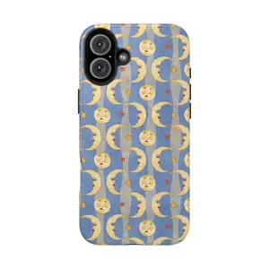 Vintage Moon and Stars Phone Case – Whimsical Celestial Design with Retro Crescent Face Pattern, Soft Blue & Yellow Art for iPhone 17 16 15 14 13 12 11 & Samsung S24 S23 S22, Gift for Her & Him