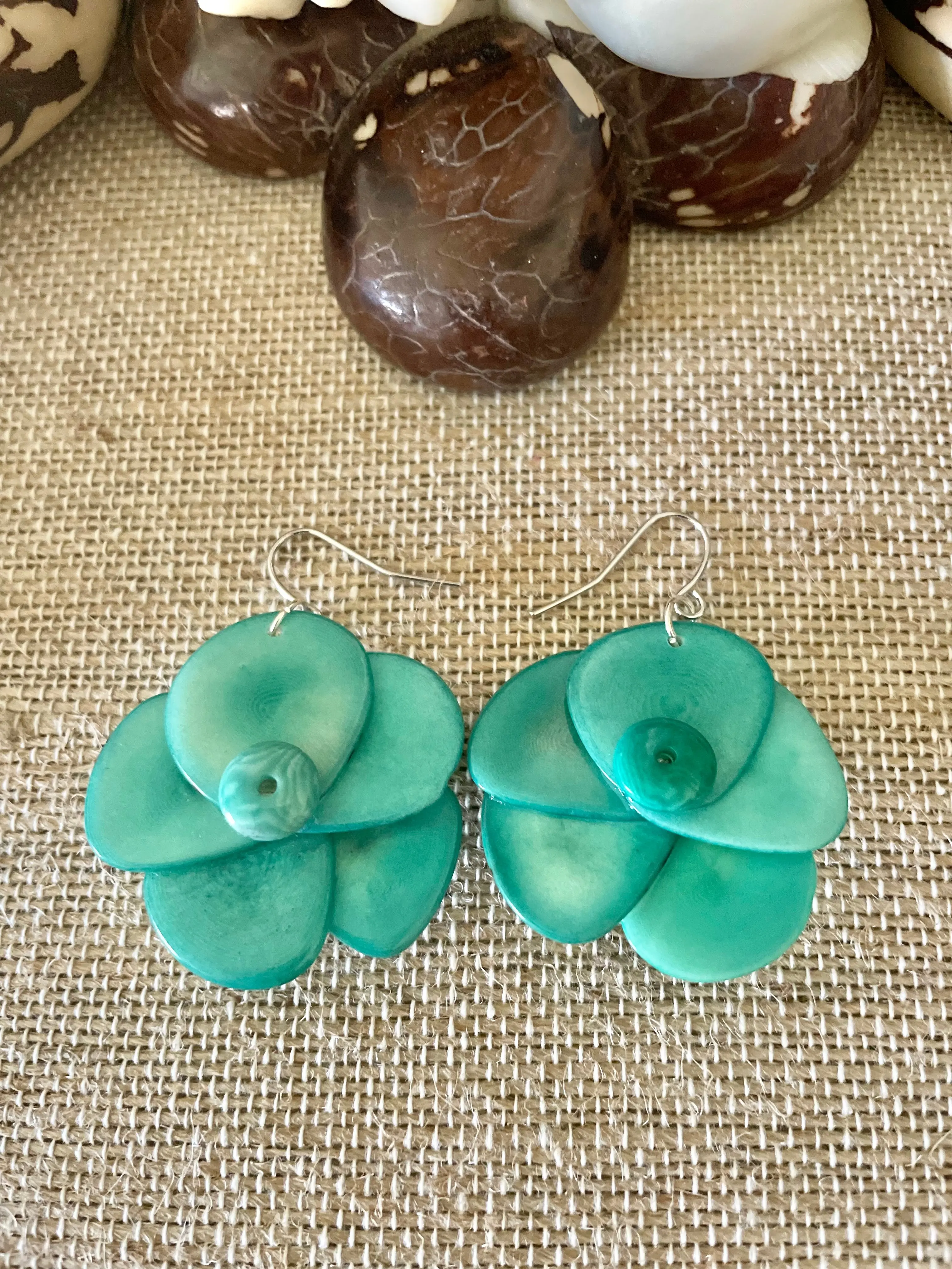 Teal Rose Tagua Nut Earrings