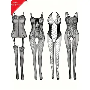 4pcs Plus Size Women's Sexy Lace Fishnet Bodystockings - Stretchy Open Crotch Nightwear Bodysuit with Hollow Out Design for Romantic Date Wearing - Soft, Breathable, and Comfortable Lingerie for Confident Women Black Womenswear Fabric Style