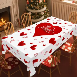 [Valentine's Day Tablecloth Set] Valentine's Day Tablecloth Set of 1, Romantic Heart and Rose Pattern, Embossed Edge Detail, 100% Polyester, Machine-Woven Round and Square Table Covers for Home, Kitchen, Patio - Solid Color Love Theme Decor