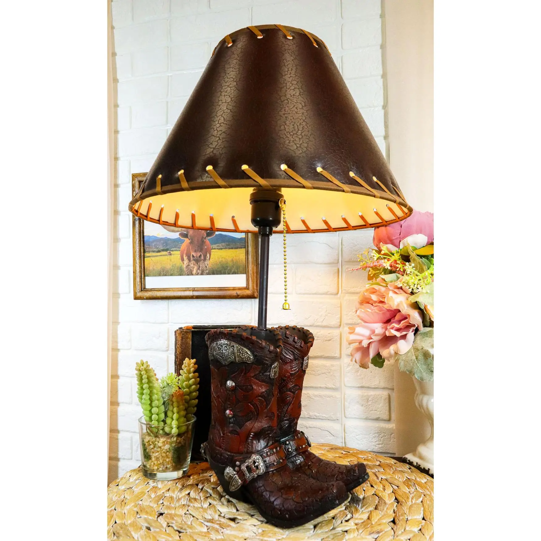 Rustic Western Faux Tooled Leather Cowboy Boots With Conchos Desktop Table Lamp