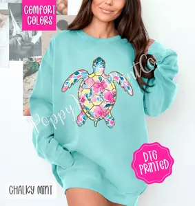 Preppy Floral Turtle Comfort Colors Sweatshirt, Cute Summer Crewneck, Cute Women's Sweater, Gift for Her