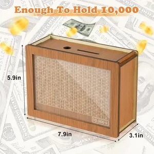 Cash Vault Wooden Savings Box, Wooden Cash Saver Money Box, Wooden Piggy Bank Coin Bank with Counting Target, Best Gift for Friends, Wooden Coin Bank for Boys and Girls, Adults (Brown, 10000$)