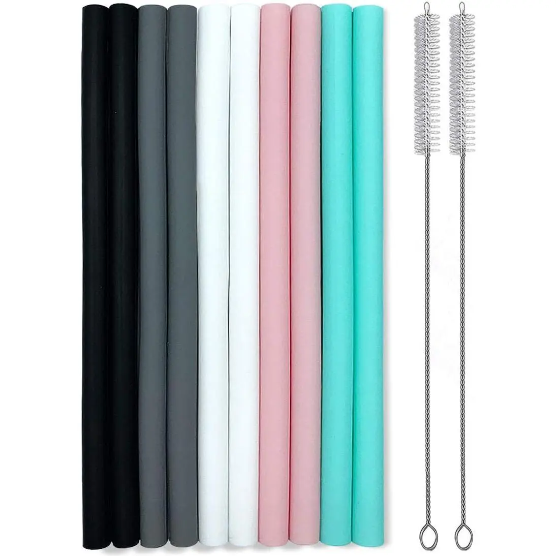 Reusable Silicone Straws Set of 10 - Straight, Extra Long, Flexible Large Straws for 20oz & 30oz Tumblers, with Cleaning Brushes for Smoothies (Kitchenware Bar Utensils)