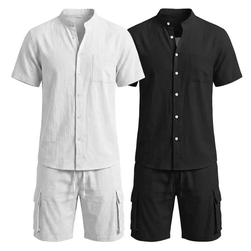 Men's 5-Color Linen 2-Piece Outfit - StandCollar Short Sleeve Shirt & Loose Shorts,Breathable Summer Casual Set