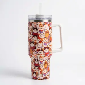 Cats Print 40oz Insulated Stainless Steel Tumbler with Handle & Straw, 2-in-1 Straw Lid, Vacuum Travel Cup for Hot & Cold Drinks