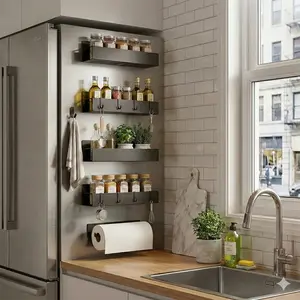 No-Drill Magnetic Shelves 5pc | Strong Metal Storage Organizer for Kitchen & Fridge Side | Magnetic Spice Rack Set Black | Space Saver for Tiny Home, Dorm, RV & Pantry | Waterproof Heavy Duty Wire Rack for Spices, Jars, Olive Oil & Cleaning Supplies