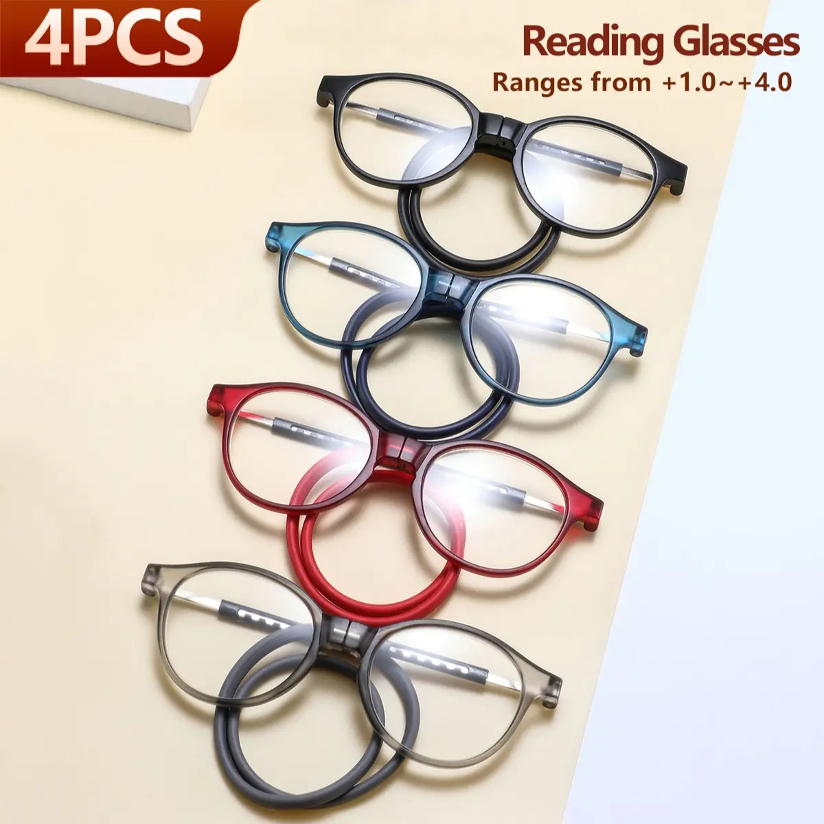 4pcs Unisex Cat Eye Round Fashion Reading Glasses, Magnetic Neck Strap, Portable Lightweight Anti-Lost, +1.00 to +4.00 Strength, High Quality Lenses