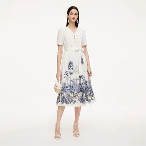 Tencel Linen Printed Midi Dress With Self-Fabric Belt