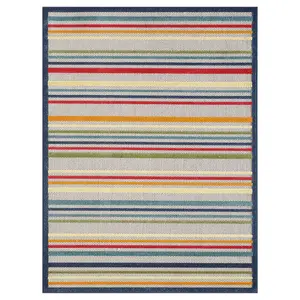 360 stand Machine Made Polypropylene Rug, 3x5 ft Navy Striped Indoor-Outdoor Area Rug, Ivory Contemporary Home Decor for Coastal Vibes, Machine Made Rug