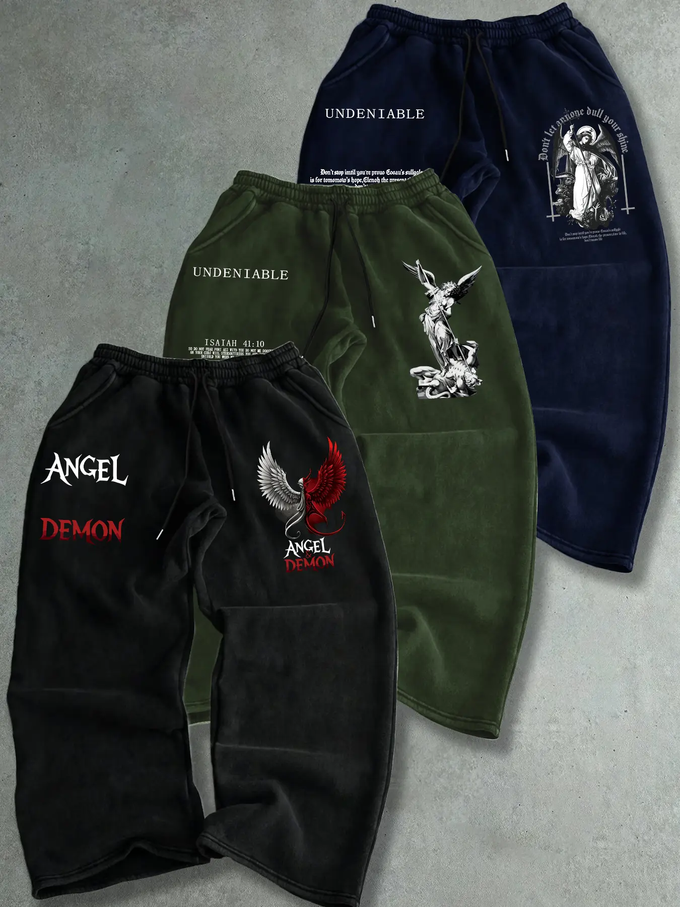 Men's Fall Winter Casual Pants Set, Demon Angel Series Graphic Print, Drawstring Straight Leg Long Pants, Outdoor Sports Wear