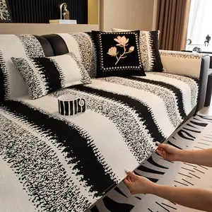 Soft Waterproof Chenille Cover Washable, Non Slip Sectional Sofa Covers,Sectional Couch Cover for 3 Cushion Couch Sofa L Sharped Sofa Slipcover for for Pets Kids Children Dog Cat,Black and white stripes Couch Cover, Furniture Protector，boucle fabric outdo