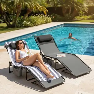 5-Position Adjustable Outdoor Chaise Lounge Chair, Folding Patio Sunbed with Side Pocket, Carry Handle and Removable Pillow, Portable Tanning Chair for Pool, Beach, Garden & Camping