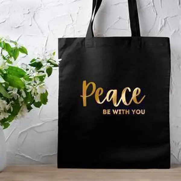 GOLD Peace Be With You Tote Bag by Humraha | Desi Arab Muslim Fashion Apparel Gifts for Ramadan Eid Nikkah Wedding Couples Families New Moms Aunts Uncles Grandparents | Pakistan India Bangladesh Palestine Lebanon Egypt Syria