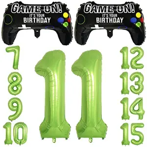 Video Game Party Balloons for Boys 11th Birthday Decorations- 2 Packs Game Controller Mylar Balloons with Green Number Balloons 11