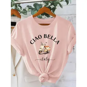 CIAO BELLA Women's Italian Motorcycle Print T-Shirt - Shortleeve Blouse Top, Round Neck Breathable Scooter Graphic Shirt, Spring Summer Casual & Commuting Wear, Machine Washable Layering Sports Top, Shortsleeve, Tshirt