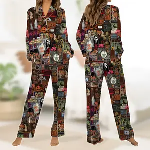 Retro Horror Halloween Short Satin Pajama Set for Women, Ghost Pumpkin Spooky Movie Print Sleepwear, Silky Button Up Pajama Shorts, Gift for Her