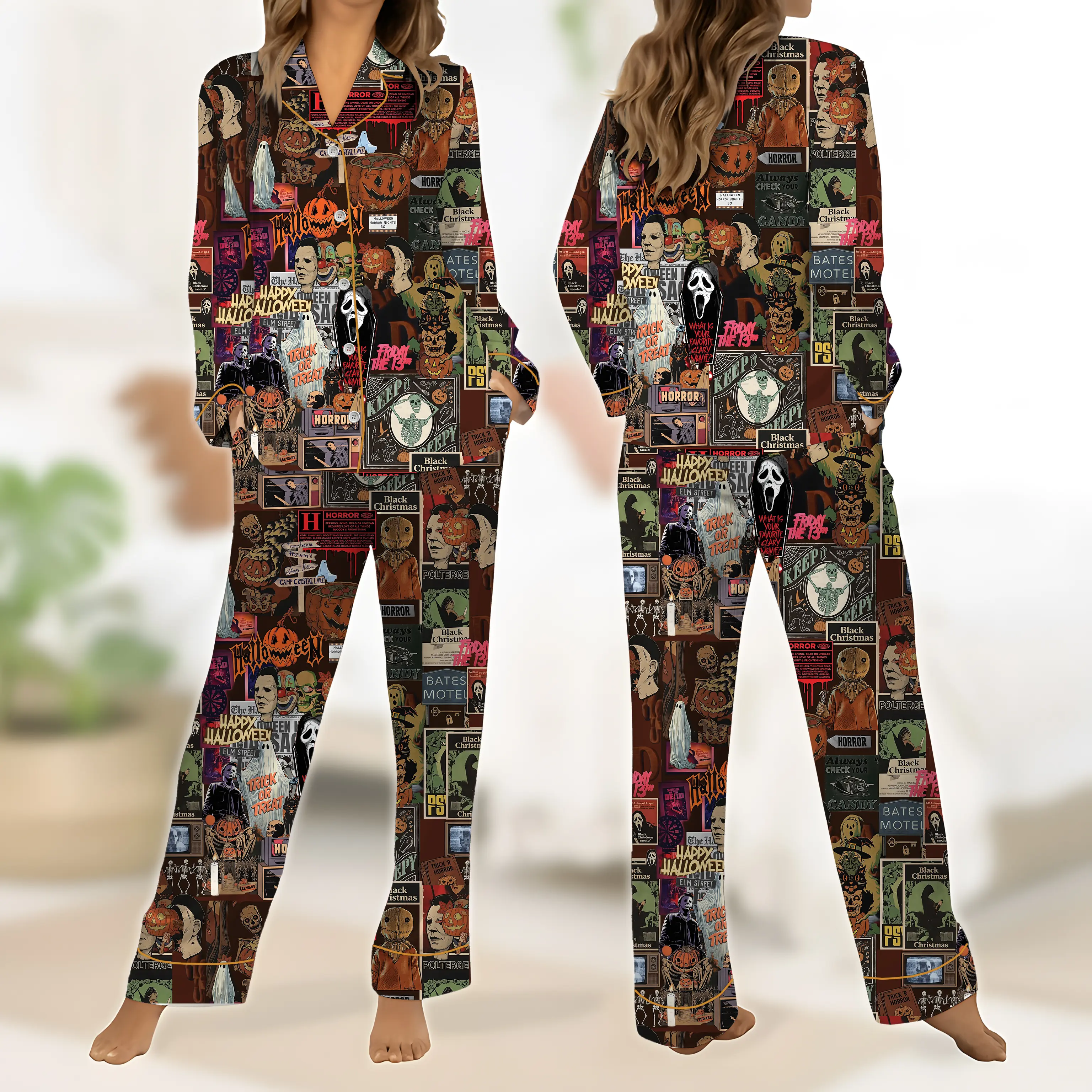 Retro Horror Halloween Short Satin Pajama Set for Women, Ghost Pumpkin Spooky Movie Print Sleepwear, Silky Button Up Pajama Shorts, Gift for Her