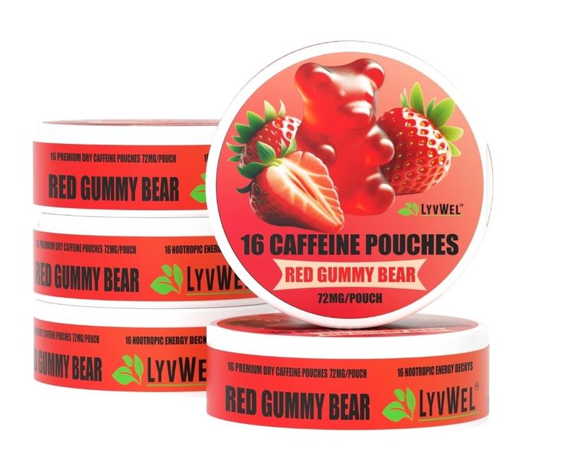 LyvWel 72mg Caffeine Pouches 5-pack Variety or solid flavors 1152mg per can Lip pillows No Sugar, Energy Decky Boost Upper Decker blueberry ice, Pineapple, Cherry, Red gummy bear, Watermelon, Peach tea, Spearmint, Wintergreen, Mango crush, Pink lemonade
