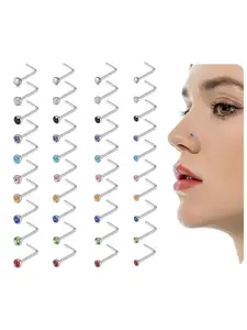 20G 40Pcs Stainless Steel Curved Nose Stud Ring CZ L Bone Screw Shaped Piercing Jewelry for Women Men