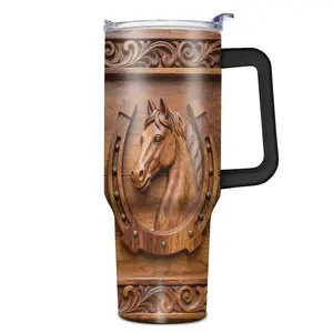 1pc, 40oz/30oz/20oz/14oz Stainless Steel Cup Horse and Horseshoe Wood Carving Double Wall Vacuum Insulated Cup Tumbler, Leakproof Lid & Carry Handle Travel Mug for Outdoor Camping Hiking, Gift for Dad,