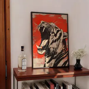 Japanese Red and Black Tiger Paper Art Print, Artistic Asian Home Decoration, Wall Poster Gift for Tiger Lovers