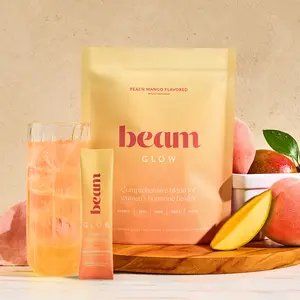 Beam Peach Mango Glow Daily Women's Superblend, 15 single-serve packets per bag, Supplement For Hair Growth, Stronger Nails & Skin Health. Hormone Balance. Vegan & Caffeine-Free