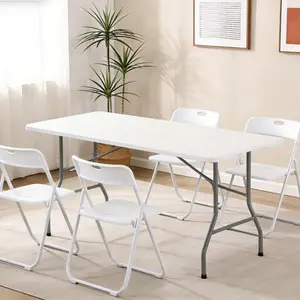 LING RONG Black Lightweight Plastic Folding Chairs 6-Pack (350lbs Capacity Metal Frame) + 6FT Heavy Duty White Plastic Folding Table with Carrying Handle, Fold-in-Half Set for Party, Wedding, Office, Dining, Picnic, Indoor & Outdoor Use foldable