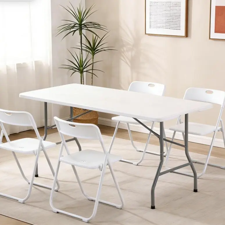 LING RONG Black Lightweight Plastic Folding Chairs 6-Pack (350lbs Capacity Metal Frame) + 6FT Heavy Duty White Plastic Folding Table with Carrying Handle, Fold-in-Half Set for Party, Wedding, Office, Dining, Picnic, Indoor & Outdoor Use foldable summerwin
