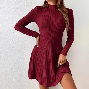 New women's autumn and winter dress, ins style, slimming, semi-high neck, waist-cinching, A-line skirt, long sleeves, pit stripe