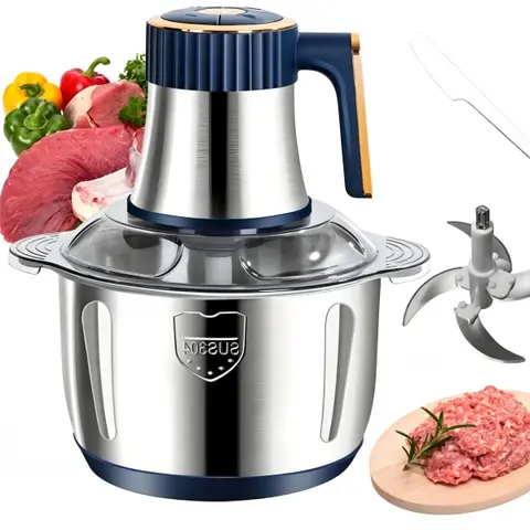 304 Stainless Steel Meat Processor - Rustproof 304 5L Blue Compact 500W 5-Speed ABS Plastic Food Chopper with Dual 6-Blade Sets, Safety Lock Stop, Multi-Purpose Household Kitchen Supply, Premium Holiday Gift