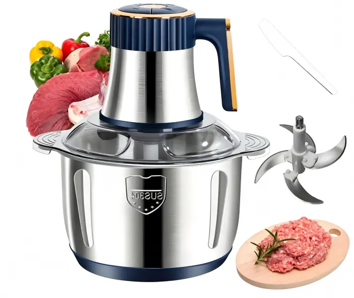 5L Blue Stainless Steel Meat Grinder, 500W 5-Speed Food Chopper with Dual 6-Blade Sets, Multi-Purpose Meat Processor for Household Kitchen Prep, Premium Father’s Day Gift