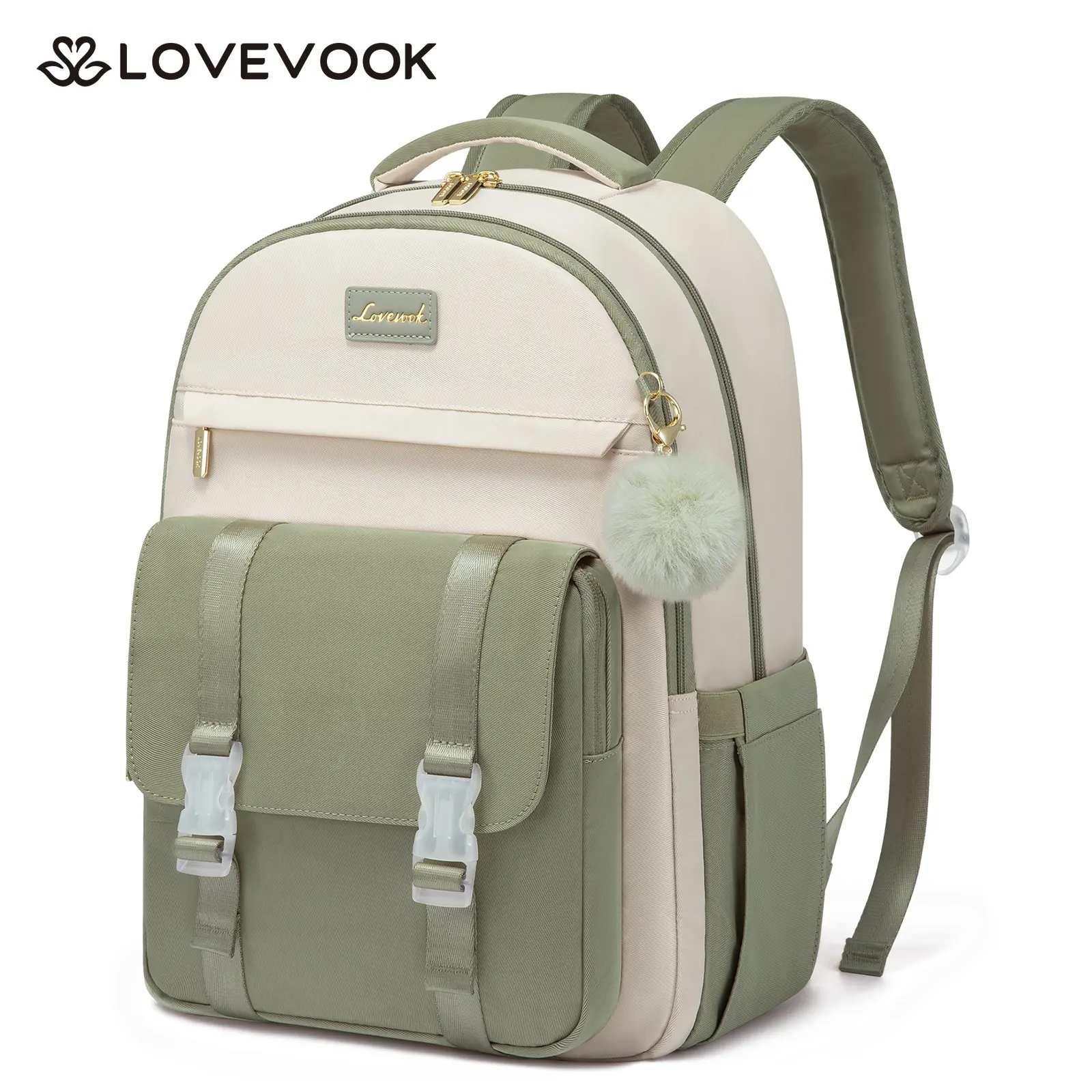 LOVEVOOK School Backpack for Teen Girls, Cute Student Backpack Purse Kid Bookbag for 14-16 Teenage, Back to School Backpacks Fit 15.6 Inch Laptop, Large College Travel Bag, Beige-Khaki