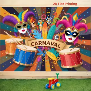 Vibrant Carnival Celebration Fabric, Colorful Wall Decor, Mask Drum Feather Display, Perfect Party Background, Home Decoration