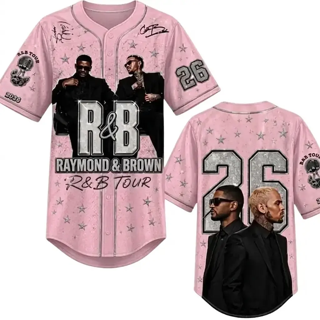 RnB Raymond Brown Pink Silver Baseball Jersey, Music Fan Short Sleeve Button Down Shirt, Vintage Star Graphic Hip Hop Concert Outfits Men Women