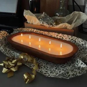 Farmhouse Brown Rustic Wooden Dough Bowl Candles for Table 4 Wicks Decor Centerpiece Cozy Decorative